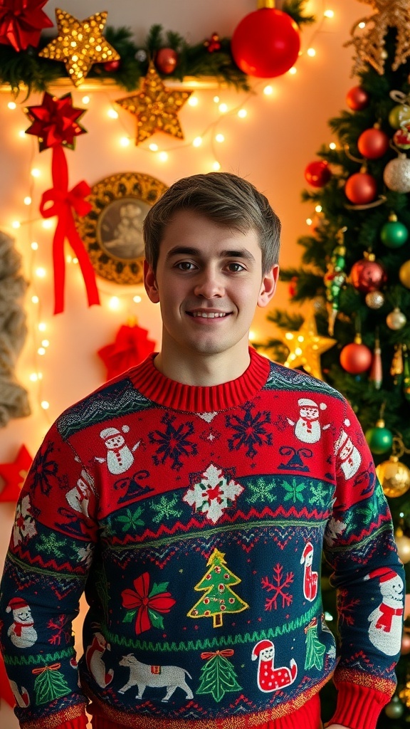 A cheerful person in a 2000s Christmas sweater with holiday decorations in the background.